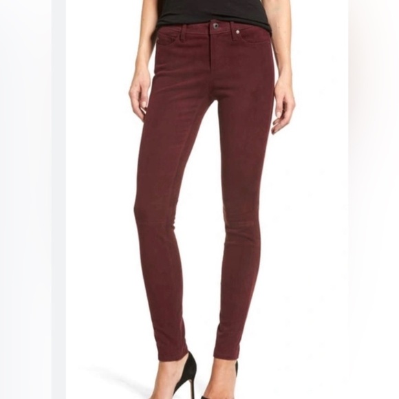 AG NUBUCK LAMB LEATHER SUEDE THE SUPER SKINNY PANTS BURGUNDY SIZE 24 NEW - Picture 1 of 8